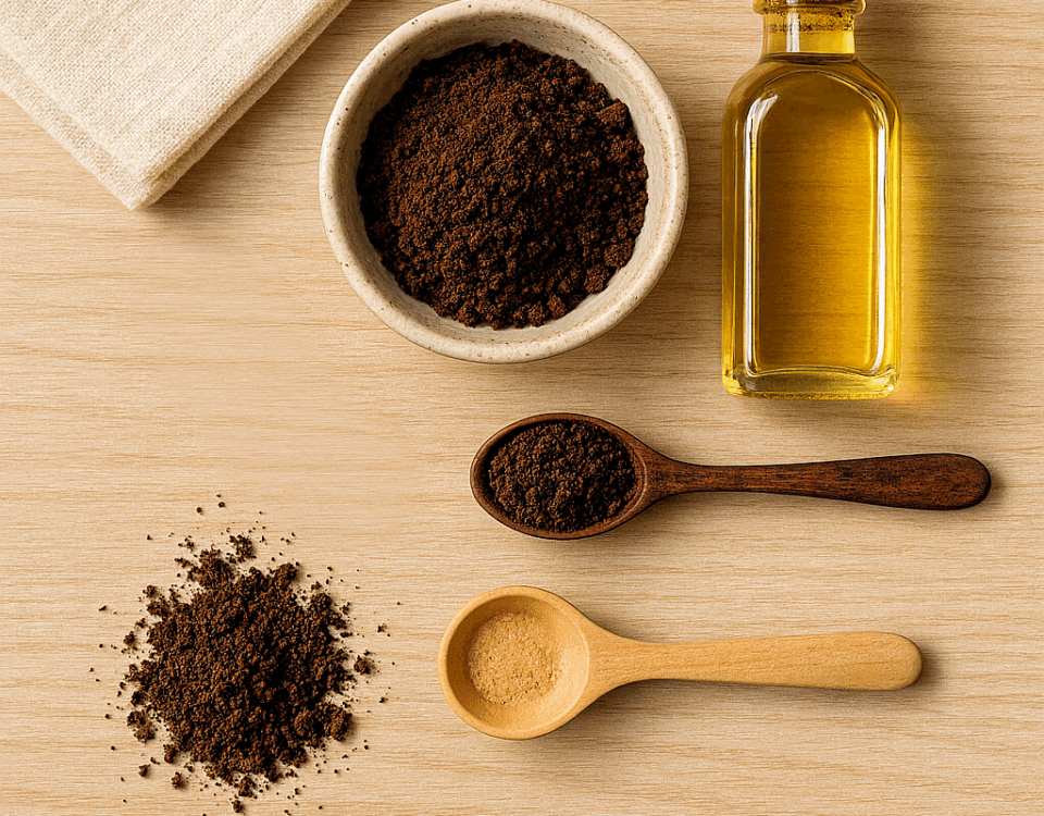 Composition naturelle avec marc de café, huile végétale et cuillères en bois, photographiée sur fond clair