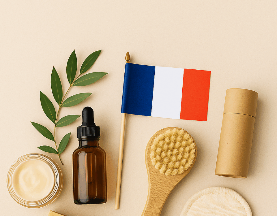 Produits cosmétiques français durables Fleurs de Café, flacon en verre, brosse en bois et feuille verte sur fond clair.
